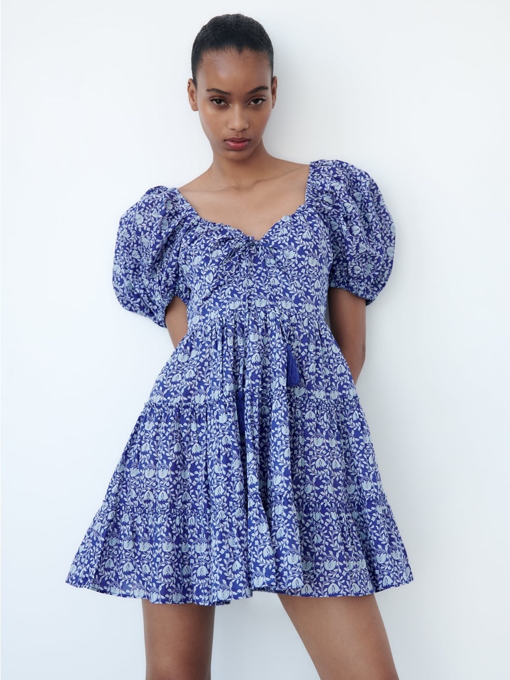 Zara Blue Floral Puff-Sleeve Mini Dress